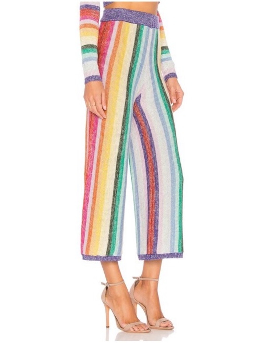 Lovers + Friends Rainbow Striped Wide-Leg Knit Pants Metalic Cropped - Picture 2 of 7